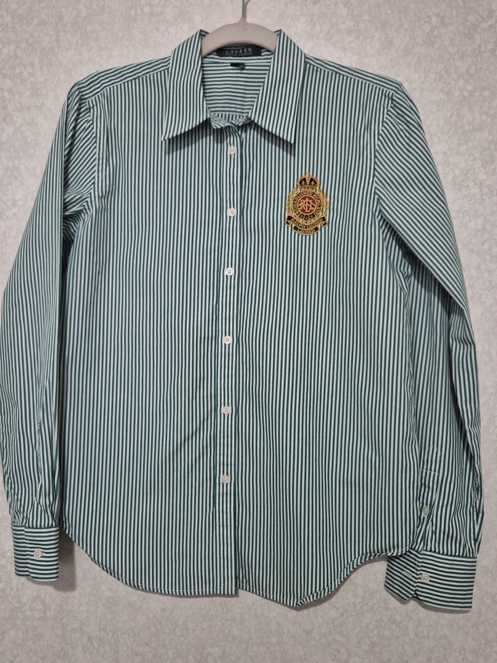 Lauren Ralph Lauren Green Stripe Crest Oxford Shirt-Size:L